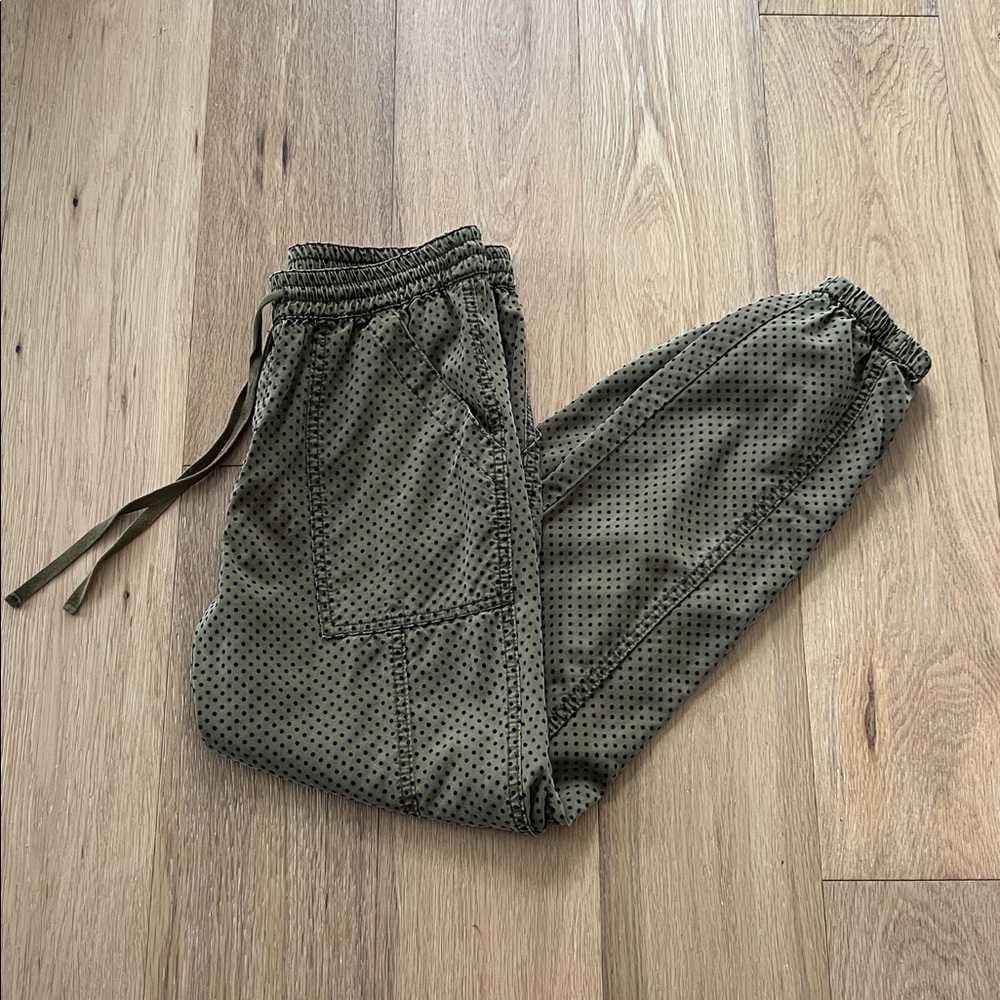 Anthropologie Flocked Polka Dot Joggers - Size XS - Moss Green/Navy blue